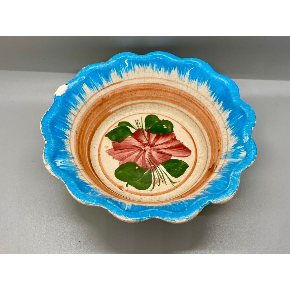 Vintage 6" Oaxacan Drip Ware Fluted Bowl Orange Blue Stripe Flower Hand-Painted